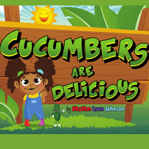 Happy child standing next to her cucumber friend in front on a "Cucumbers Are Delicious" sign